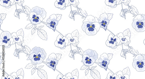 Delicate white and blue pansy flower seamless pattern provides a romantic and whimsical feel, perfect for wallpapers and fabric designs.