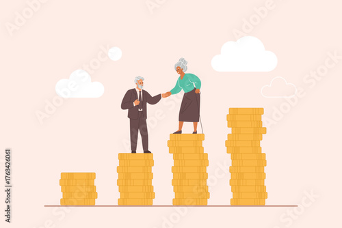 Retirement savings plan, financial investment and pension management of retired seniors. Tiny grandmother and grandfather couple standing on gold money coins stacks cartoon vector illustration