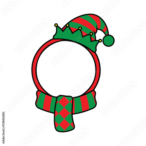Cute elf hat and scarf Christmas wreath frame vector illustration, cartoon holiday border circle in red and green, fun and playful Christmas design on white background