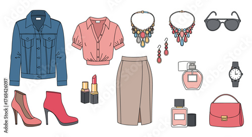 Flat illustration of women's clothing and accessories, including a denim jacket, pink blouse, skirt, shoes, and jewelry.