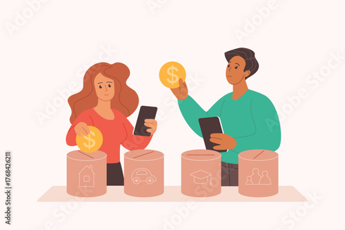 Family budget planning, finance allocation and investment, costs distribution. Tiny husband and wife manage income, invest money in different assets, spread gold coins cartoon vector illustration