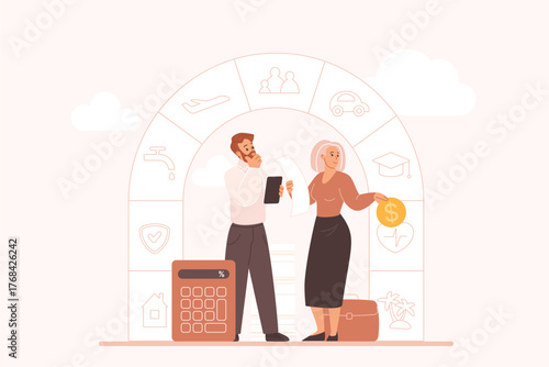 Family budget management, personal financial control, expenses and savings planning. Tiny husband and wife manage finances, invest dollar coin in different areas of life cartoon vector illustration