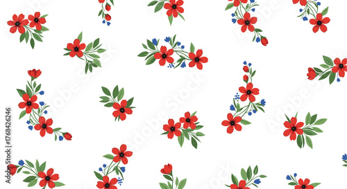 Beautiful seamless pattern featuring simple red and small blue flowers with green leaves scattered across a pristine white background.