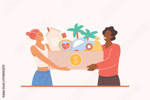 Family dreams of wealth and financial stability, motivation of budget planning. Tiny young husband and wife hold box with car and travel, health and house expenses cartoon vector illustration
