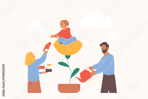 Parenting smart child with desire for personal growth and knowledge, upbringing by parents. Father and mother water flower with tiny kid, giving books for family education cartoon vector illustration