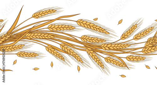 Golden wheat stalks pattern featuring detailed lines, rustic elements, and vintage aesthetic suitable for backgrounds and designs.