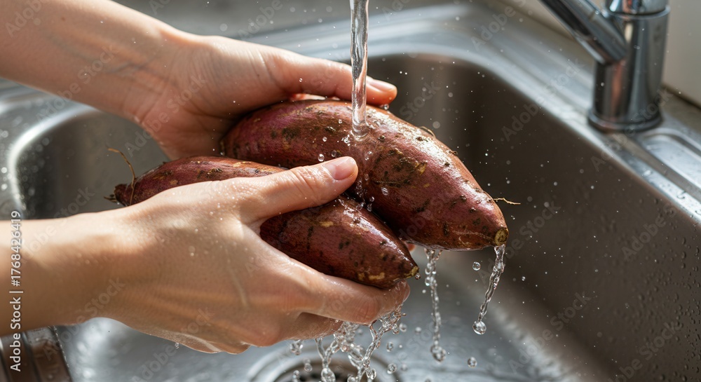 Fototapeta premium Wash sweet potatoes under running water