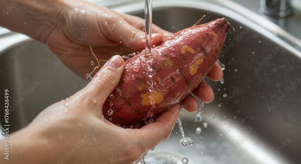 Fototapeta premium Wash sweet potatoes under running water
