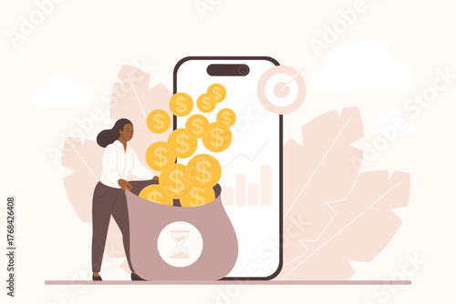 Passive income, financial freedom and success of happy investor, payment and salary. Tiny woman with gold coin flow from money bag, profit chart up on smartphone screen cartoon vector illustration