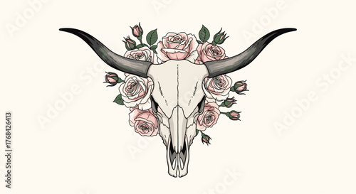 A decorative graphic of a longhorn skull surrounded by pastel pink roses and lush green foliage, evoking a vintage, bohemian aesthetic.