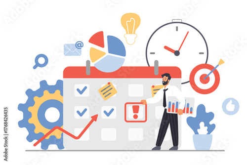 Project management, automation of goal task planning. Tiny businessman putting exclamation point of deadline on calendar day, employee holding statistic analysis chart cartoon vector illustration