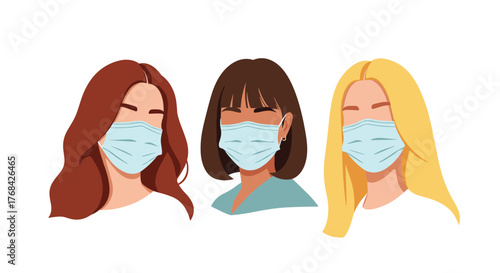 Three faceless women with diverse hairstyles and skin tones wearing medical masks to prevent the spread of disease, illustration.
