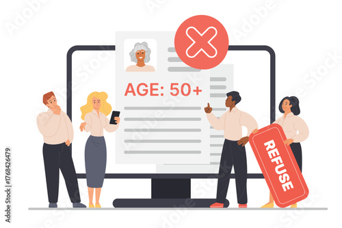 Ageism and inequality, discrimination against elderly candidates in employment. Tiny HR team employees standing at resume of senior woman with Refuse sign and red cross cartoon vector illustration