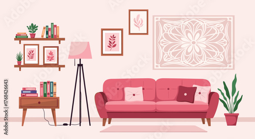 A charming and inviting living room decorated with a pink sofa, wall shelves, potted plants, a floor lamp, and framed pictures.