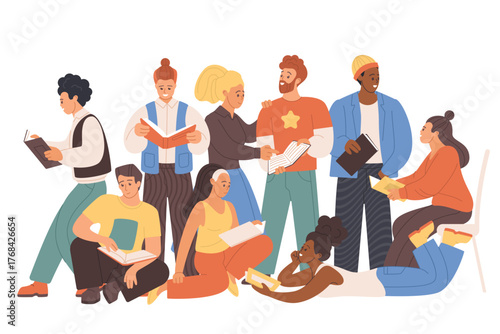 Young people group reading books together, modern readers club, festival. Diverse crowd of adult happy characters read literature, exchange different library books cartoon vector illustration