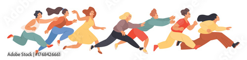 Crowd of people running fast, hurry of crazy customers to sale. Shopping challenge of active multiethnic runners, enthusiastic young buyers and followers run forward cartoon vector illustration