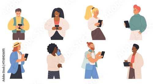 People mobile phones set. Happy and sad men and women using smartphones, looking at device with smile and talking, female and male character pointing and surfing internet cartoon vector illustration