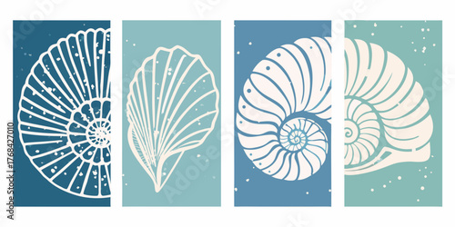 Four vertical panels featuring abstract white seashell illustrations on textured blue and teal backgrounds