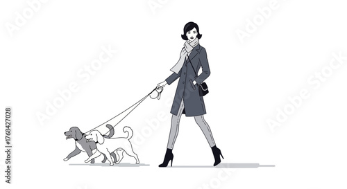 Elegant woman strides confidently leading her three playful dogs for a brisk outdoor walk