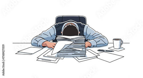 Conceptual illustration of a stressed businessman overwhelmed by paperwork fatigue