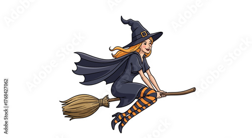 Charming young witch flying on a broomstick against a clean white background for Halloween