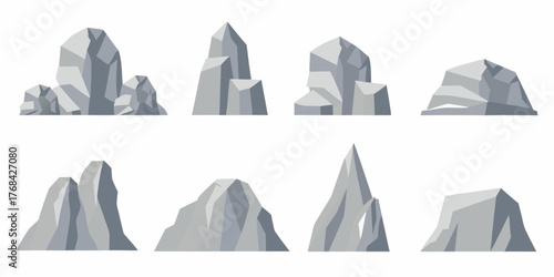 Collection of eight stylized flat design grey rock formations and mountain peaks on a white background