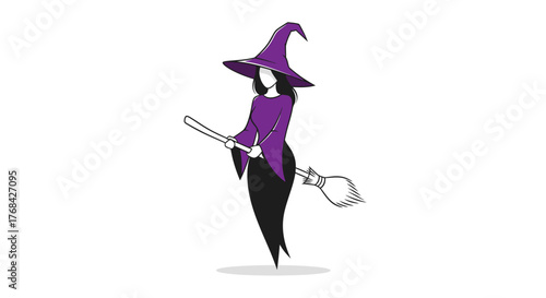 Simple illustration of a witch in purple dress with a pointed hat holding broom stick