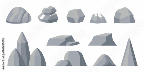 Collection of diverse gray cartoon rocks and stones in various shapes and sizes