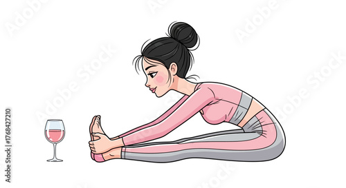 Balancing wellness: an illustration of a woman stretching near a refreshing wine glass