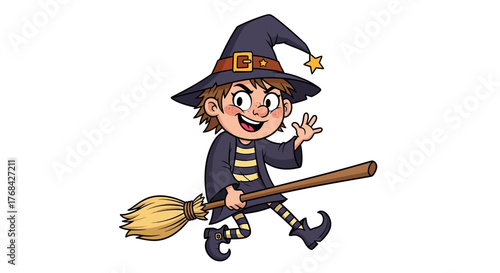 Charming cartoon illustration featuring a happy young witch gliding on her broom during Halloween