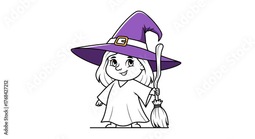 Delightful cartoon illustration of a sweet young witch with a purple hat and broom ready for