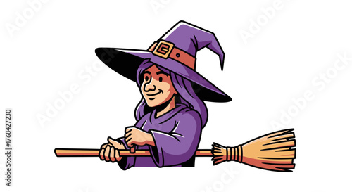 Cartoon illustration of a cheerful witch character with a classic pointed hat on broomstick
