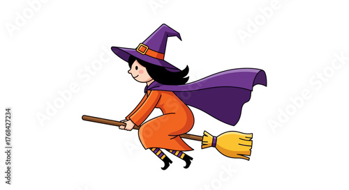 Whimsical Halloween: A cartoon witch joyfully soars through the night sky on her broomstick