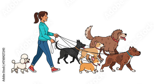 A dedicated dog walker leading a diverse group of canine companions on a bright day adventure
