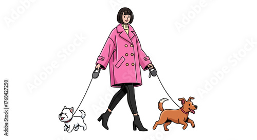 Illustration of a woman with bob haircut and pink coat walking two happy dogs