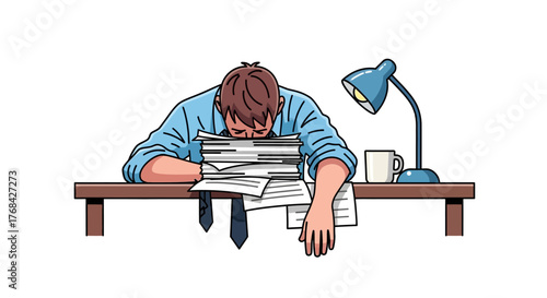 Illustration displaying a tired employee at the office, sleeping on a pile of documents