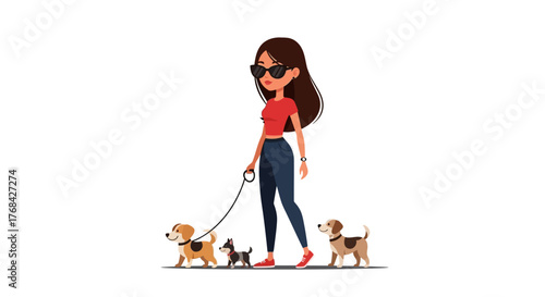 Animated character illustration of a woman walking three dogs in casual attire and sunglasses