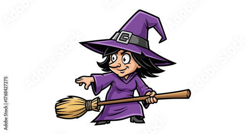 Charming cartoon witch character illustration with traditional attire and broom ready for magical