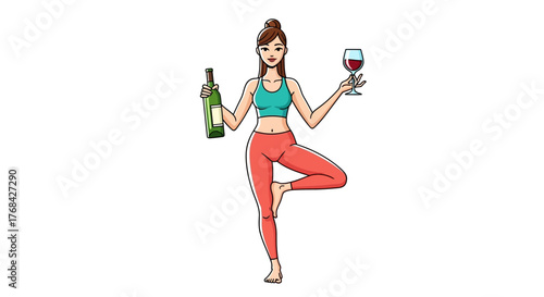 Balancing act of wellness and indulgence woman in yoga pose holding wine bottle glass