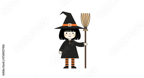 Charming young witch with her broom: A delightful Halloween vector illustration for kids