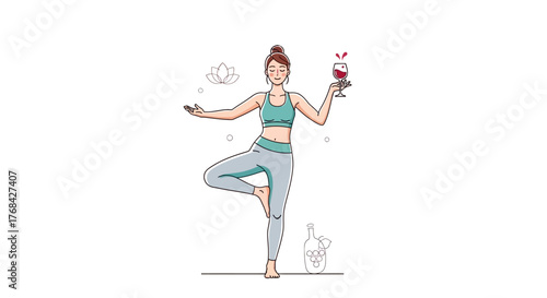 Balancing act of zen and indulgence, a woman strikes a yoga pose with wine in hand