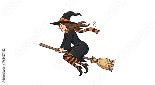Whimsical witch character illustration soaring on a broomstick against a crisp white background