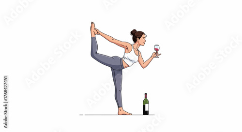 Balancing act yoga pose with wine elegance and calm focus wellbeing lifestyle
