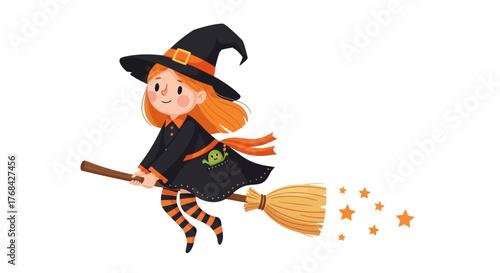 A charming cartoon witch flying on her broomstick against a white background cheerfully