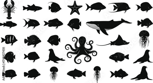 Sea creature silhouette collection, marine animal icons, ocean wildlife vector, aquatic species design, underwater life graphics, flat vector illustration