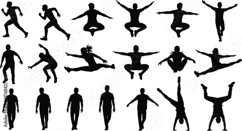 Silhouette human poses collection, dynamic movement, athletic action, walking, jumping, yoga, balance, vector people set, editable flat illustration