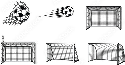 Soccer goal icon set, football net illustrations, ball motion graphics, sports vector symbols, game scoring elements, flat vector illustration