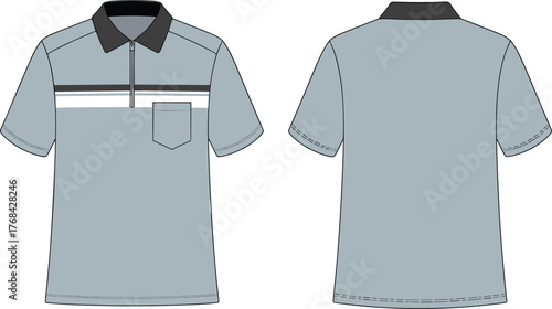 PrintMen’s polo shirt flat sketch, short sleeve collared t-shirt with pocket, casual fashion apparel design template, front and back vector illustration