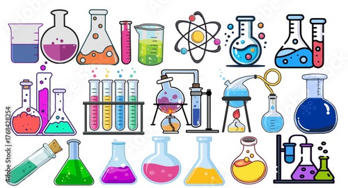 Colorful chemistry lab equipment set with test tubes, flasks, and beakers. Science experiment, laboratory, education, and research concept illustration.
