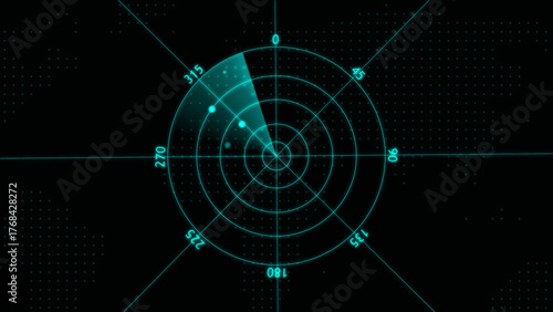 Cyan radar screen with two targets and a sweeping sector on a black background with map dots display